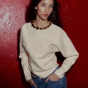 Zara NWT cream sweater with beaded neckline 3920/890